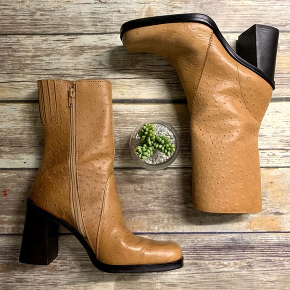 MIA Shoes - MIA 90s Tan Ostrich Emu Leather Block Heel Boots